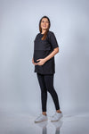 Angled front view of black nursing T-shirt, offering a relaxed fit with functional, discreet nursing access.