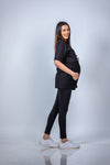 Close-up view of black nursing T-shirt, highlighting the discreet nursing access for easy breastfeeding.