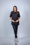 Front view of black nursing T-shirt, featuring a relaxed fit and discreet nursing access for moms-to-be and new mothers.