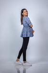 Side view of Blue Blossom Fit & Flare Maternity Top, highlighting the flattering fit and comfortable design for moms-to-be.