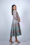 Side view of Blue Floral 3-Layered Maternity Dress, showing the flowy layers and the relaxed fit for a growing baby bump.