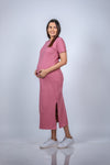 Side view of Blush Pink Maternity T-Shirt Dress, showcasing the flattering fit and soft fabric, ideal for casual outings or home wear during pregnancy.