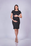 Front view of Classic Black Maternity Bodycon Dress, showcasing a sleek silhouette and short sleeves for a chic maternity look.
