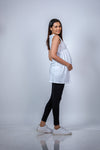 Side view of Classic White Sleeveless Maternity Tunic, offering a relaxed and chic design for casual or semi-formal occasions.