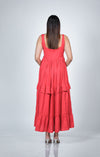 Back view of Coral Red Maternity Layered Sleeveless Maxi Dress, showing the layered design and sleeveless style.