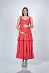 Front view of Coral Red Maternity Layered Sleeveless Buttoned Maxi Dress, showcasing the flattering silhouette and layered design.