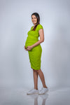 Side view of Neon Green Maternity Bodycon Dress, highlighting the flattering fit and vibrant color, perfect for a stylish and comfortable maternity look.