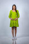 Front view of Neon Green Maternity Fit & Flare T-Shirt Dress, featuring a comfortable fit and flattering flare silhouette for moms-to-be.