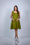 Front view of Olive Green Fit & Flare Maternity Dress, featuring a comfortable fit and flattering silhouette for moms-to-be.