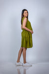 Side view of Olive Green Fit & Flare Maternity Dress, highlighting the flattering fit and flowy tiered design for a chic maternity look.