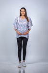 Front view of Pastel Paisley Fit & Flare Maternity Top, showcasing a comfortable and stylish fit with a soft pastel paisley print.