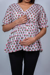 Close-up view of Pink Floral Delight Fit & Flare Maternity Top, highlighting the flattering design and comfortable fit for moms-to-be.