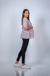 Side view of Pink Floral Delight Fit & Flare Maternity Top, offering a comfortable and flowy design for expecting mothers.