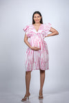 Front view of Pink Tie-Dye Maternity Fit & Flare Dress with Ruffled Sleeves, highlighting a comfortable and stylish fit for moms-to-be.