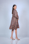 Angled view of printed maternity fit & flare dress showcasing balloon sleeves and a playful ruffled hem, designed for comfort and style during pregnancy.