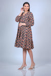Side view of printed maternity fit & flare dress featuring balloon sleeves and a comfortable silhouette, perfect for pregnancy wear.