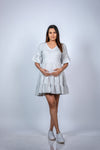 Front view of Soft Heather Grey Layered Maternity T-Shirt Dress, featuring a comfortable and breathable fit for moms-to-be.