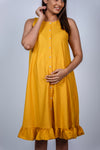 Close-up of Sunshine Yellow Fit & Flare Maternity Dress, featuring a flattering fit and vibrant yellow color for an effortlessly stylish maternity look.