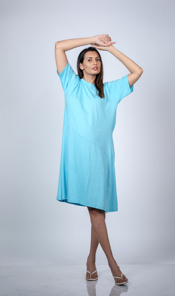 Aqua Blue Maternity T-Shirt Dress | Short Sleeve, Relaxed A-Line, Comfortable Fit for Moms-to-Be - LOOKBOOK