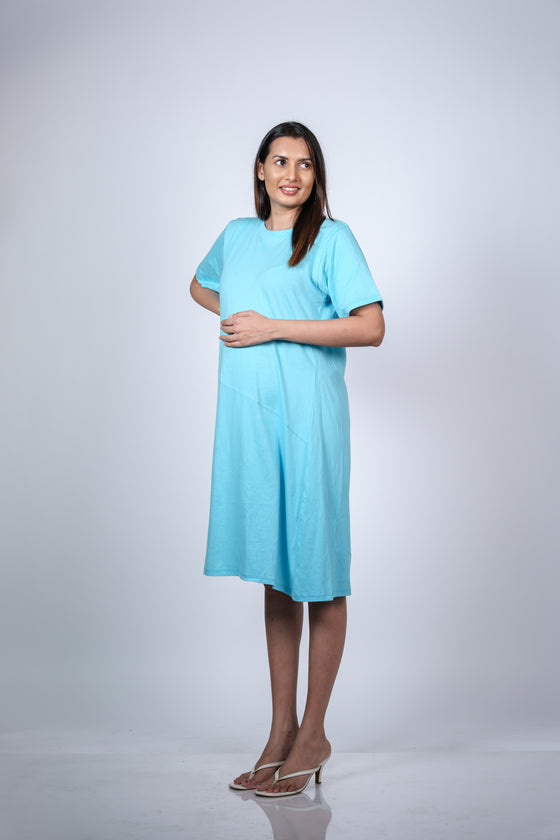Aqua Blue Maternity T-Shirt Dress | Short Sleeve, Relaxed A-Line, Comfortable Fit for Moms-to-Be - LOOKBOOK