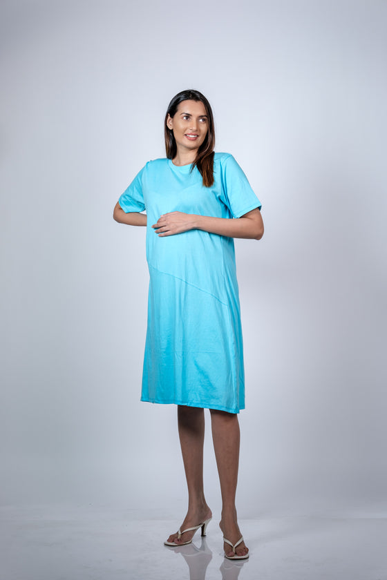 Aqua Blue Maternity T-Shirt Dress | Short Sleeve, Relaxed A-Line, Comfortable Fit for Moms-to-Be - LOOKBOOK