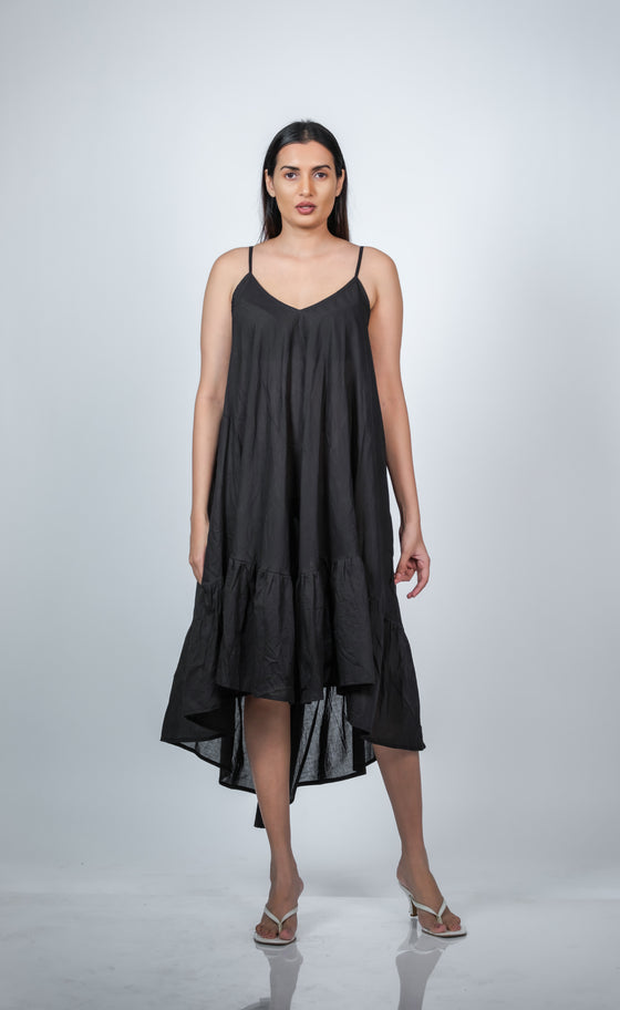 Back view of black maternity layered high-low dress with spaghetti straps, featuring a flowy, layered design for moms-to-be.