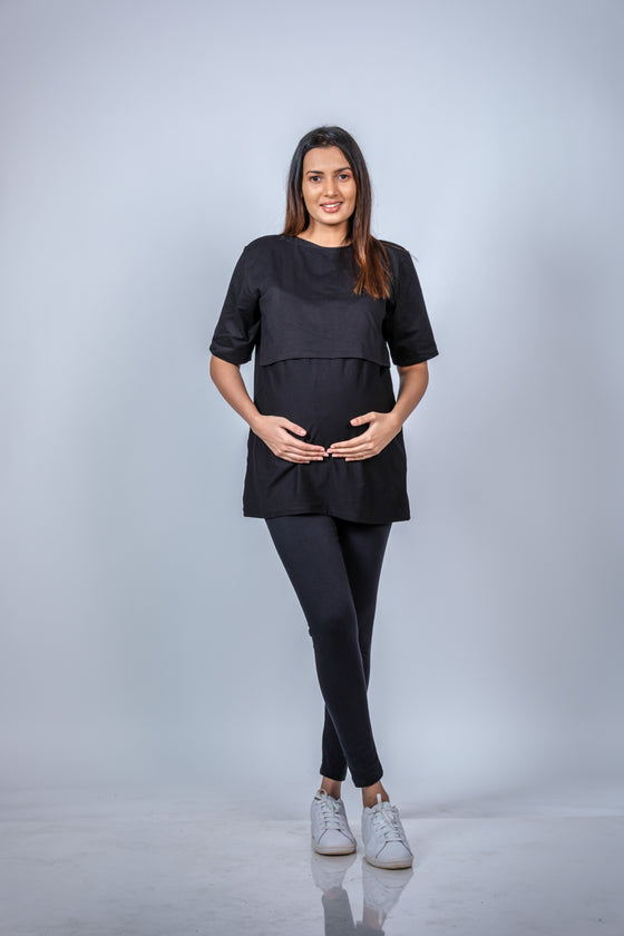 Side view of black nursing T-shirt, showcasing its breathable, soft fabric and comfortable fit for pregnancy and nursing.