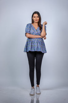  Front view of Blue Blossom Fit & Flare Maternity Top, featuring a vibrant floral pattern, V-neckline, and comfortable fit for moms-to-be.
