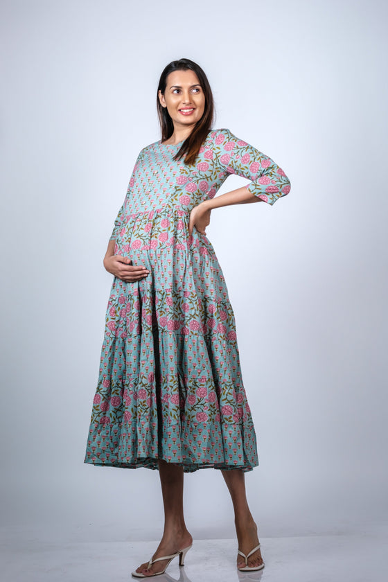 Angled view of Blue Floral 3-Layered Maternity Dress highlighting the flattering silhouette and elegant floral print.
