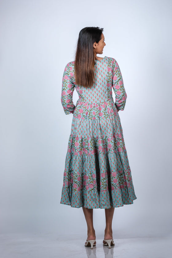 Back view of Blue Floral 3-Layered Maternity Dress with 3/4 sleeves, offering a full-length look at the layered design.