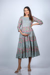 Front view of Blue Floral 3-Layered Maternity Dress with 3/4 sleeves, showcasing a flowy, comfortable fit for expecting mothers.