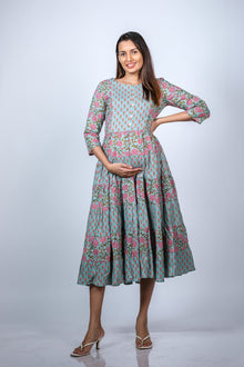  Front view of Blue Floral 3-Layered Maternity Dress with 3/4 sleeves, showcasing a flowy, comfortable fit for expecting mothers.