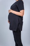 Close-up view of the Classic Black Maternity T-Shirt, emphasizing the soft, stretchable fabric and chic design.