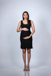 Front view of the Classic Black Maternity Sleeveless Bodycon Dress, highlighting the sleek and comfortable fit for moms-to-be.