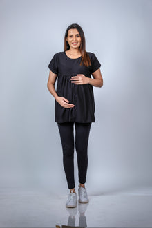  Front view of the Classic Black Maternity T-Shirt, showcasing the relaxed fit and flattering design for moms-to-be.