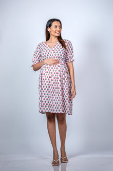  Front view of Classic White Maternity Dress, offering an elegant and comfortable fit for moms-to-be.