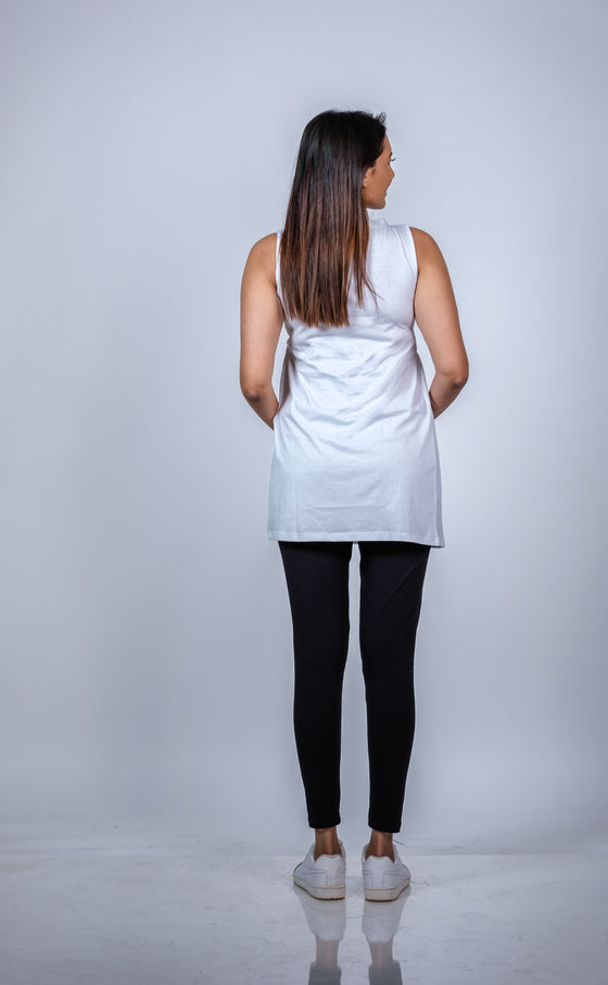 Back view of Classic White Sleeveless Maternity Tunic, featuring a flowy and comfortable fit perfect for everyday wear.