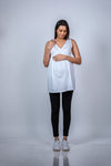 Close-up view of Classic White Sleeveless Maternity Tunic, showcasing the flattering V-neckline and comfortable fit for moms-to-be.