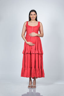  Front view of Coral Red Maternity Layered Sleeveless Buttoned Maxi Dress, showcasing the flattering silhouette and layered design.