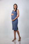 Side view of the Dusty Blue Maternity Sleeveless Bodycon Dress, showing the snug fit and growing bump.