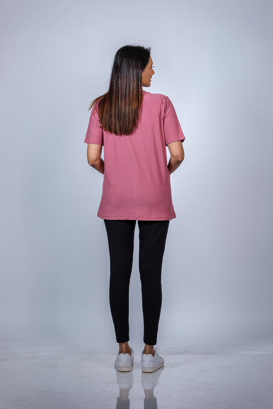 Back view of Dusty Rose Maternity T-Shirt, showcasing the relaxed fit and versatile design, perfect for layering or wearing on its own.