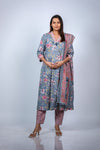 Angled view of Floral A-Line Maternity Kurti Set, featuring a floral print and matching dupatta for an elegant maternity look.