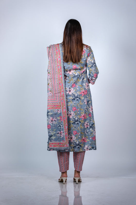 Back view of Floral A-Line Maternity Kurti Set with Dupatta, highlighting the floral pattern and elegant design for moms-to-be.