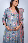 Close-up view of Floral A-Line Maternity Kurti Set, highlighting the intricate floral pattern and comfortable fit for expecting mothers.