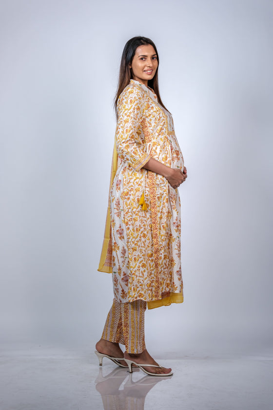 Angled view of Floral Frilled Maternity Kurti Set, showcasing the floral print and matching dupatta for a traditional and elegant maternity look.