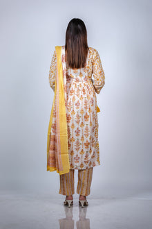  Back view of Floral Frilled Maternity Kurti Set with Dupatta, showcasing the floral pattern and comfortable fit for moms-to-be.