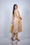 Side view of Floral Frilled Maternity Kurti Set, highlighting the flattering fit and matching dupatta, perfect for elegant maternity wear.