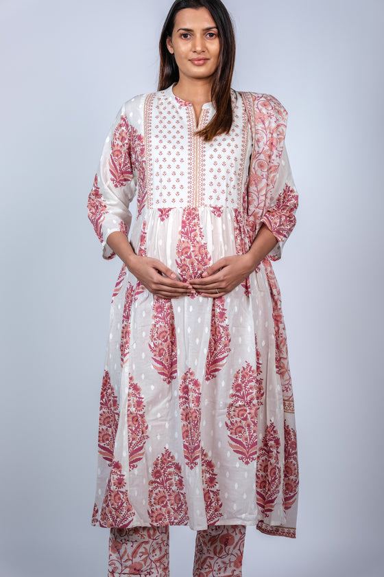 Close-up view of Graceful Floral Maternity Kurti Set, showcasing the detailed floral prints and comfortable fit for moms-to-be.