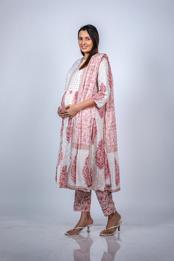 Side view of Graceful Floral Maternity Kurti Set, showcasing the flattering fit and matching floral dupatta, perfect for casual or special occasions.