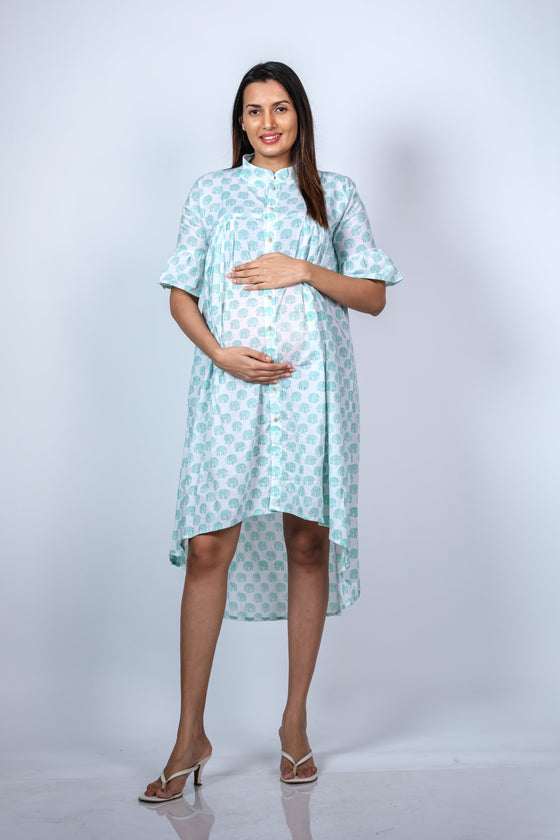 Front view of Mint Blue Maternity High-Low Dress with flared sleeves, showing a stylish and comfortable fit for moms-to-be.